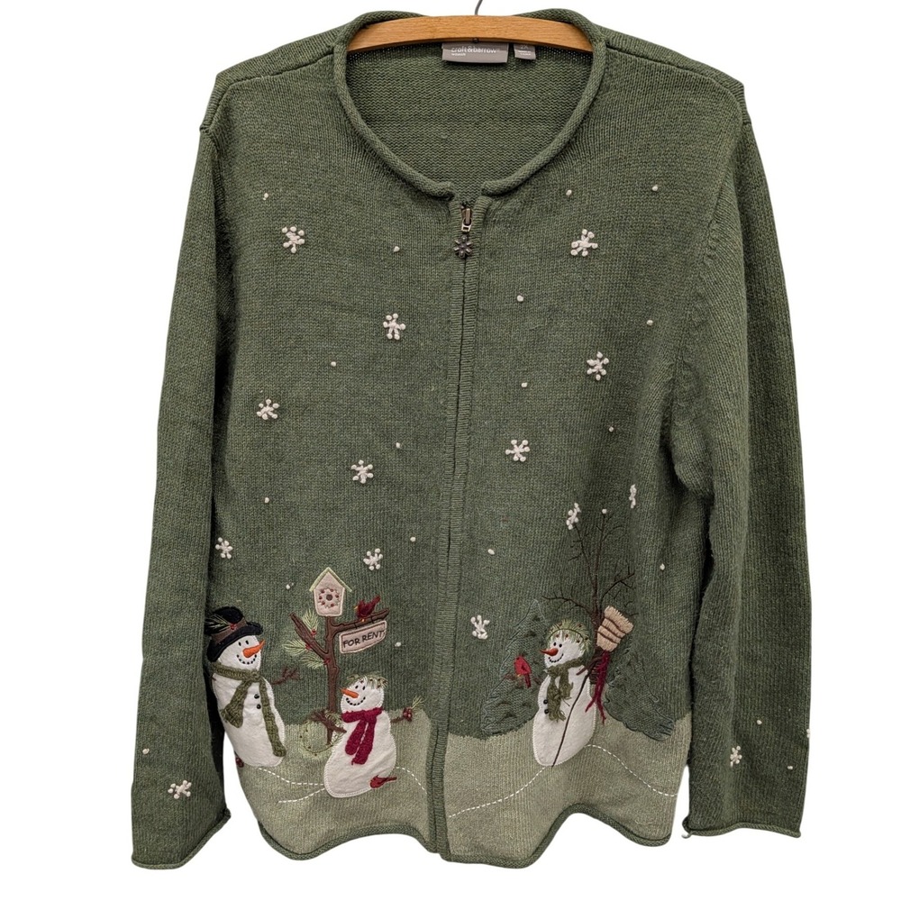 Vintage Women's Snowman Christmas Cardigan Sweater Green Wool Blend Zip Up- 2X
